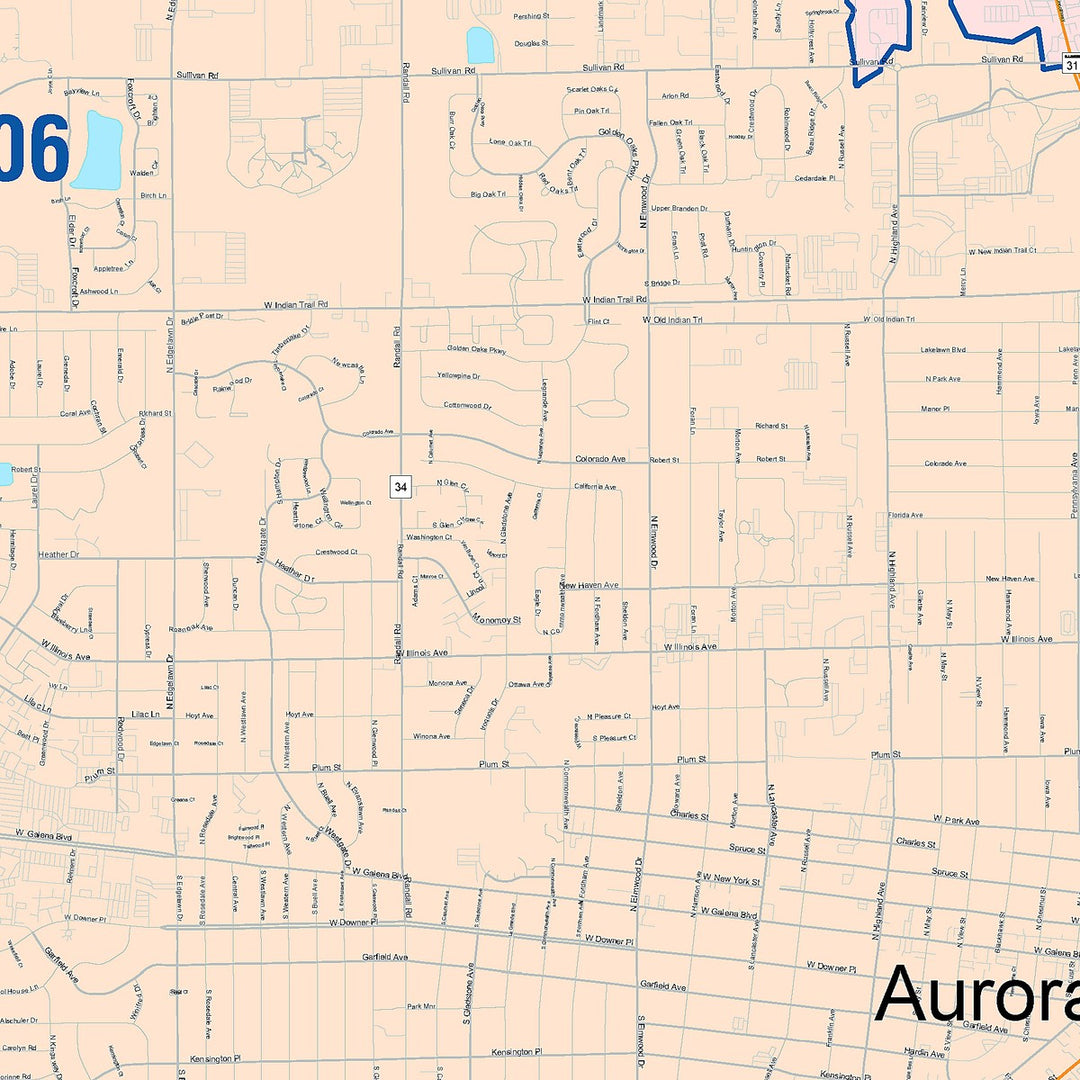 Color Cast Zip Code Style Wall Map of Aurora, IL