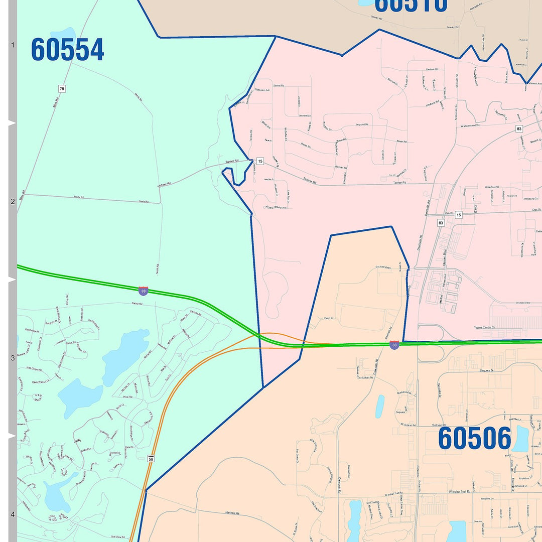 Color Cast Zip Code Style Wall Map of Aurora, IL