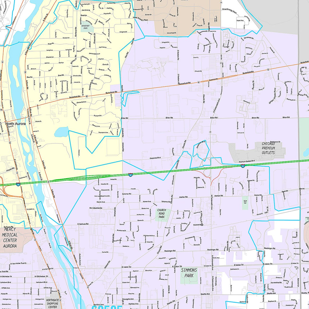 Premium Style Wall Map of Aurora IL