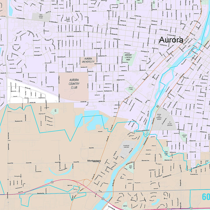 Premium Style Wall Map of Aurora IL