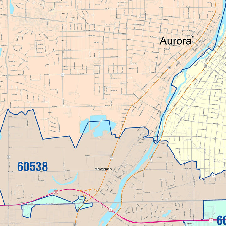 Color Cast Zip Code Style Wall Map of Aurora, IL