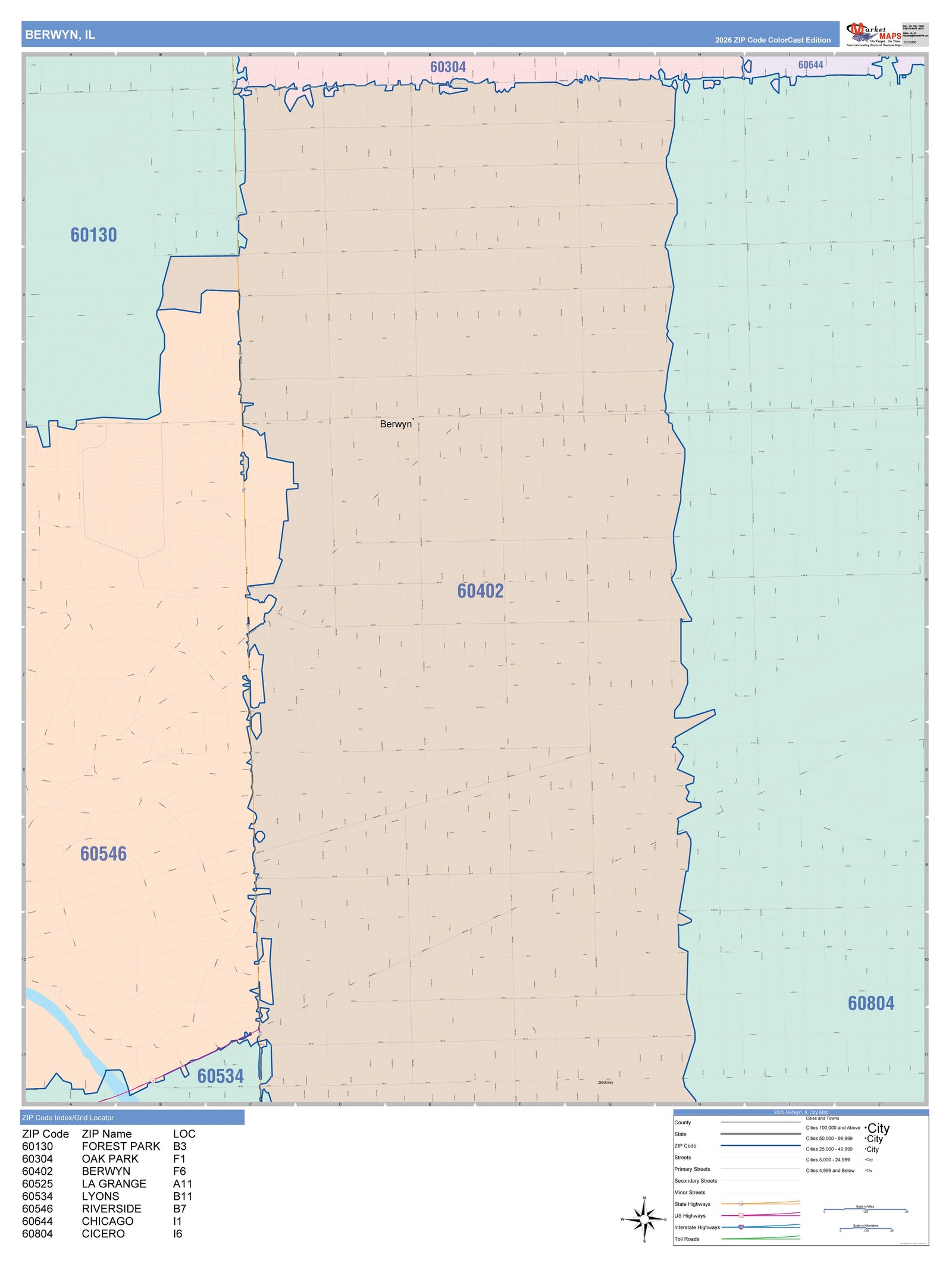 Color Cast Zip Code Style Wall Map of Berwyn, IL
