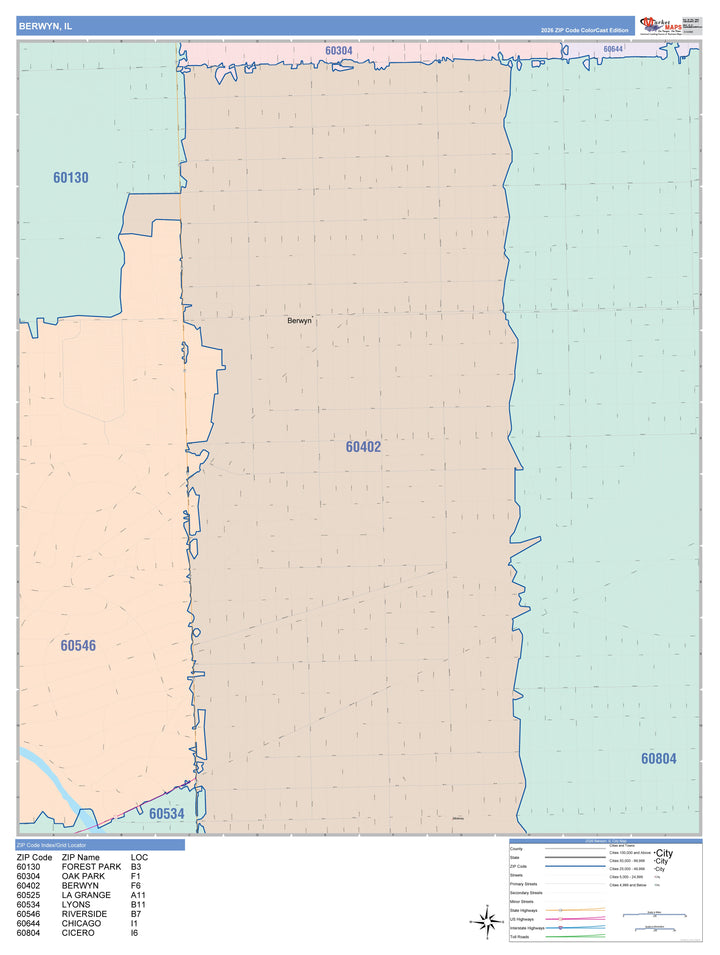 Color Cast Zip Code Style Wall Map of Berwyn, IL