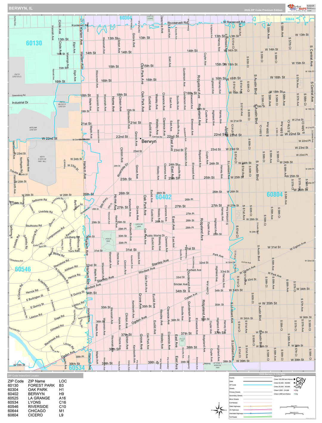 Premium Style Wall Map of Berwyn, IL