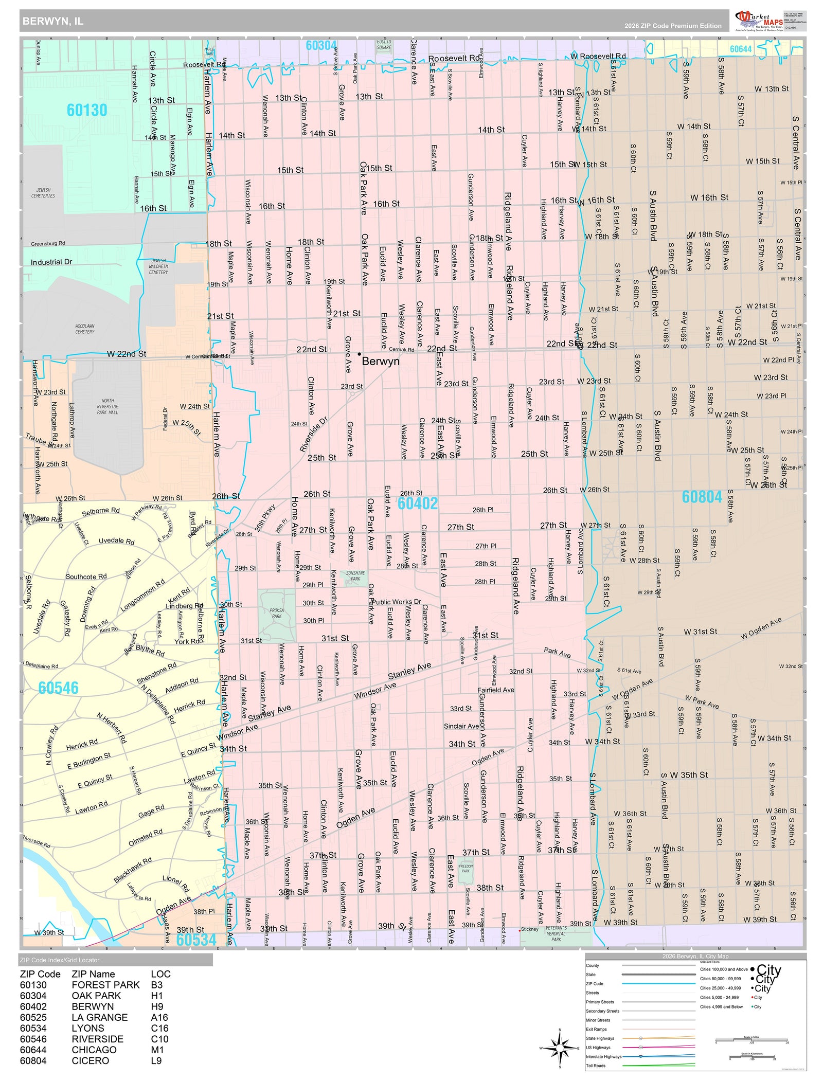 Premium Style Wall Map of Berwyn, IL
