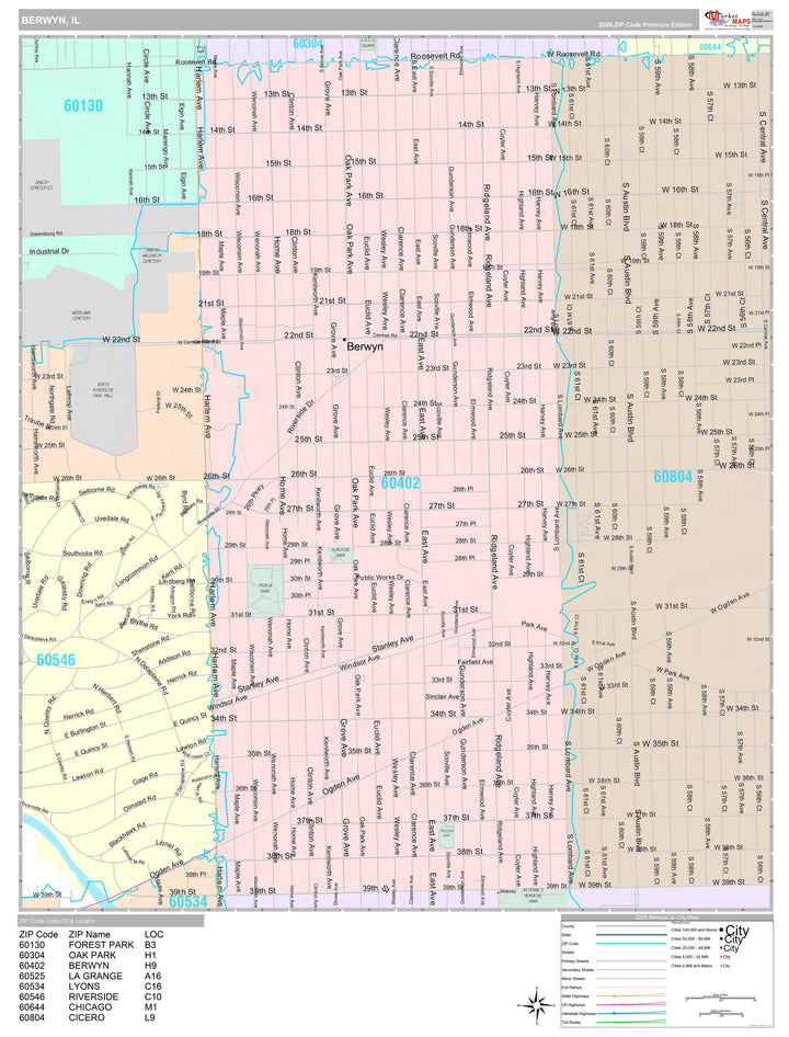 Premium Style Wall Map of Berwyn, IL