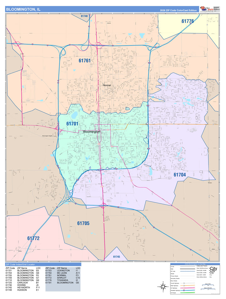 Color Cast Zip Code Style Wall Map of Bloomington, IL