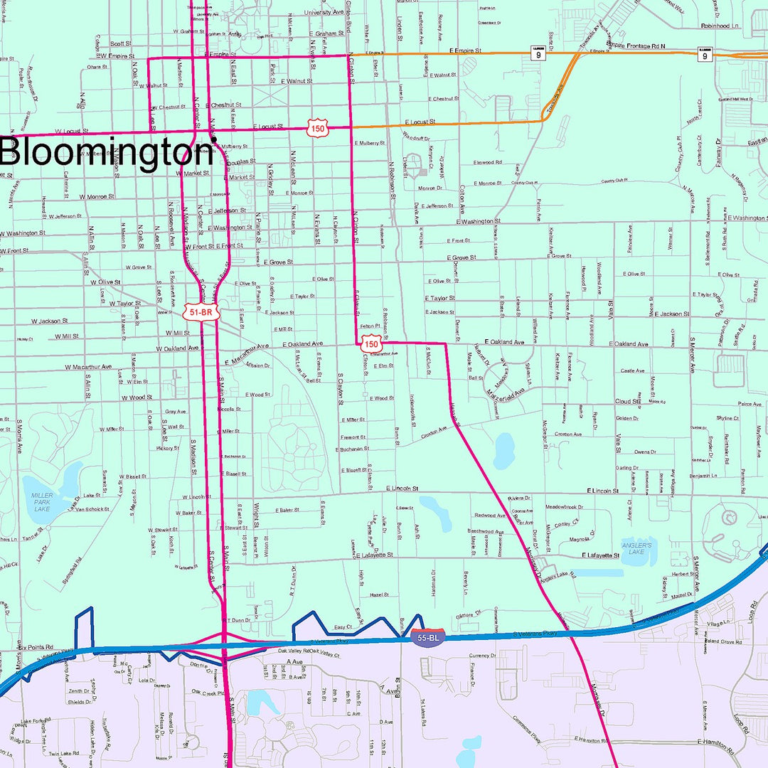 Color Cast Zip Code Style Wall Map of Bloomington, IL