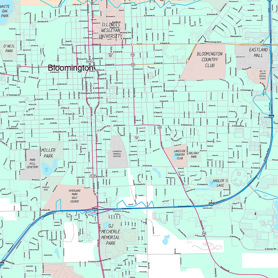 Premium Style Wall Map of Bloomington, IL