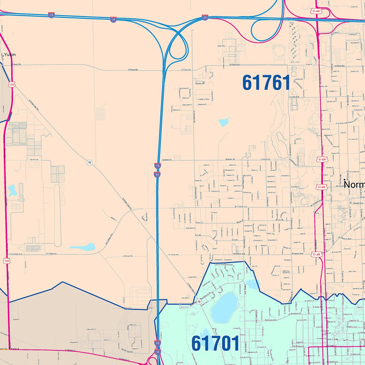 Color Cast Zip Code Style Wall Map of Bloomington, IL