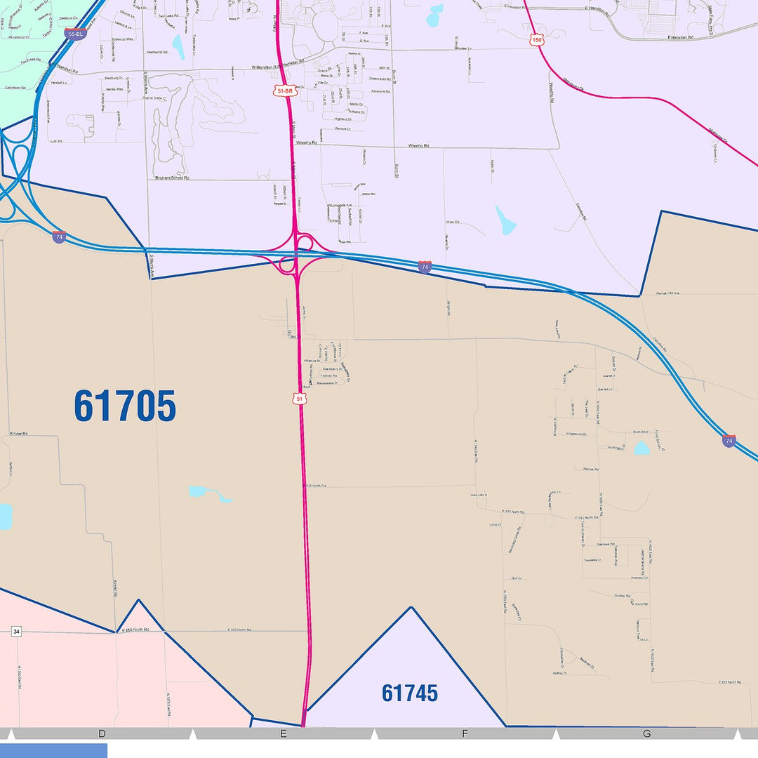 Color Cast Zip Code Style Wall Map of Bloomington, IL