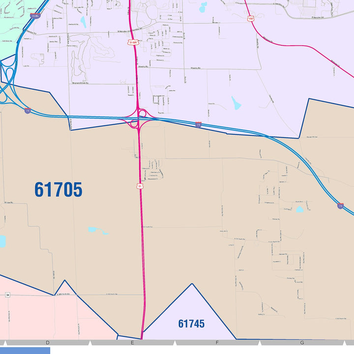 Color Cast Zip Code Style Wall Map of Bloomington, IL
