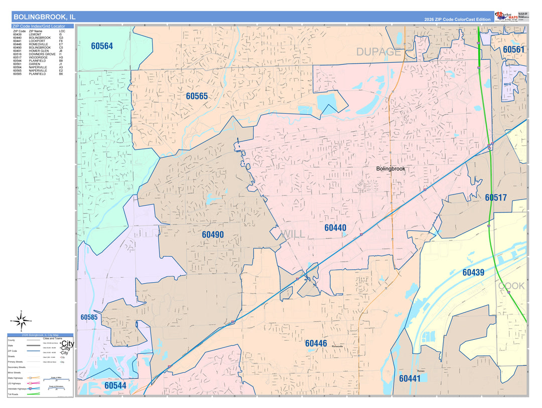 Color Cast Zip Code Style Wall Map of Bolingbrook, IL