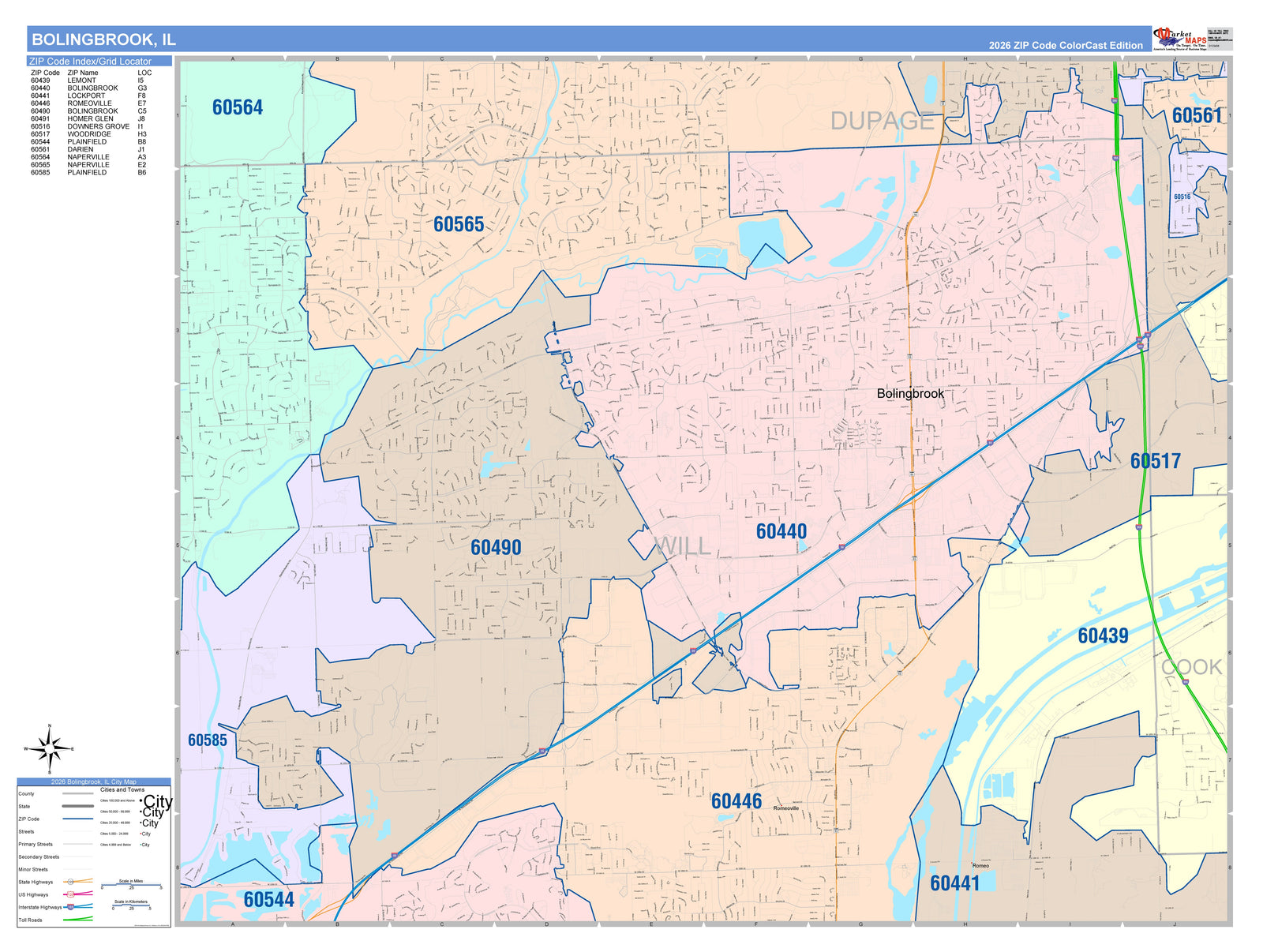 Color Cast Zip Code Style Wall Map of Bolingbrook, IL
