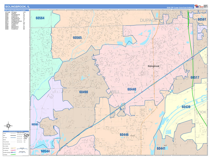 Color Cast Zip Code Style Wall Map of Bolingbrook, IL