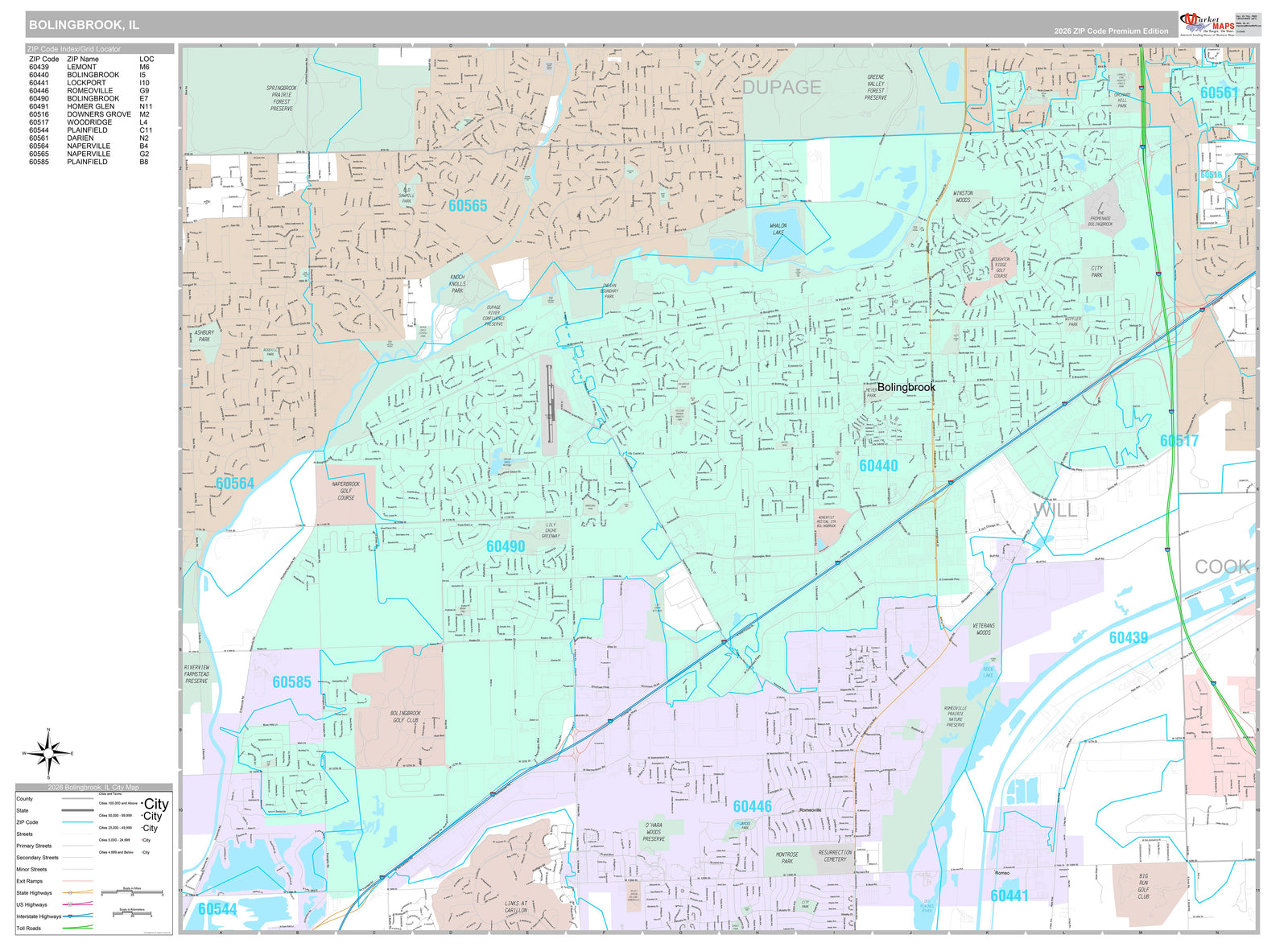 Premium Style Wall Map of Bolingbrook, IL