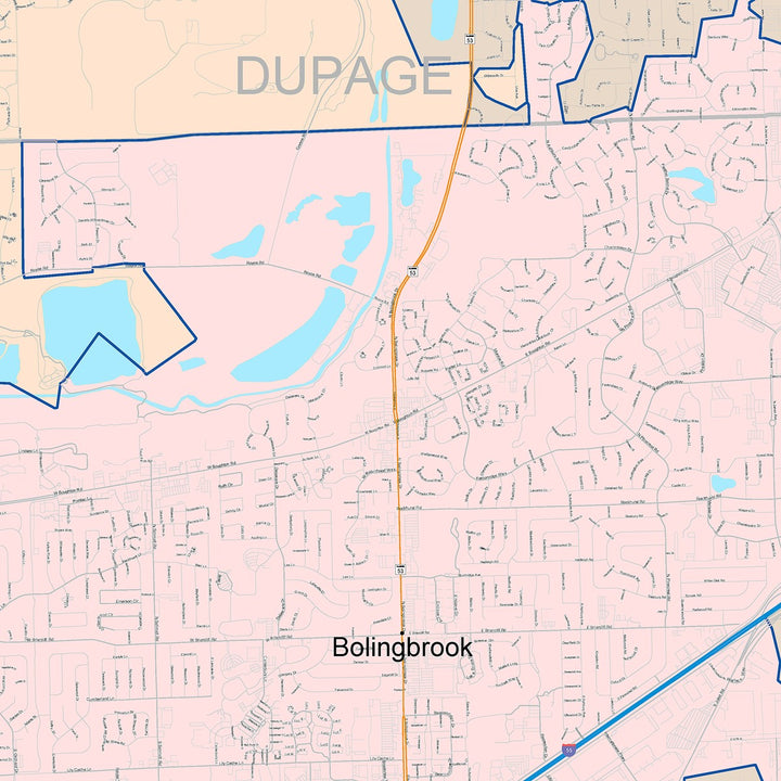 Color Cast Zip Code Style Wall Map of Bolingbrook, IL