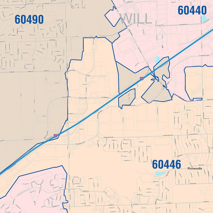 Color Cast Zip Code Style Wall Map of Bolingbrook, IL