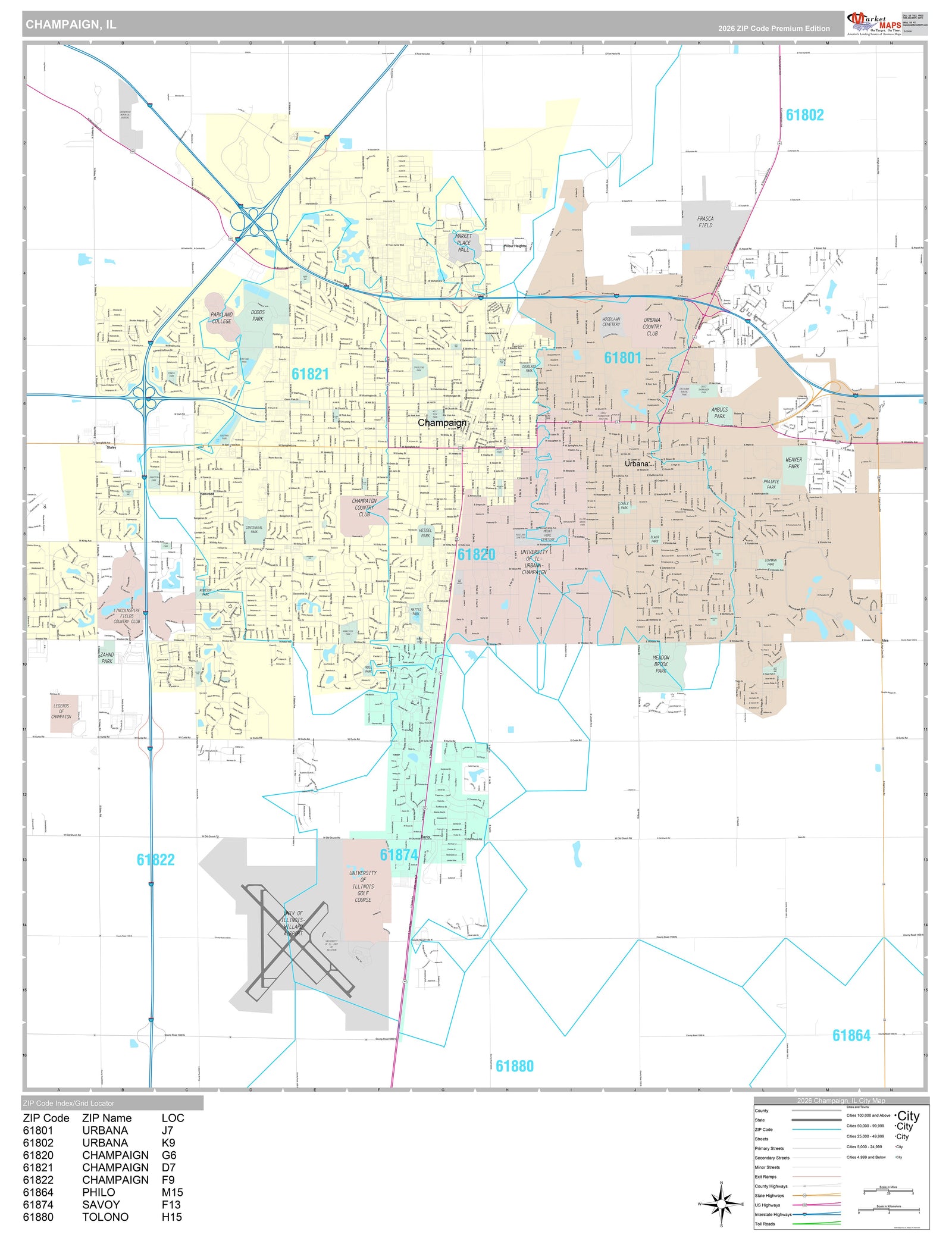 Premium Style Wall Map of Champaign, IL
