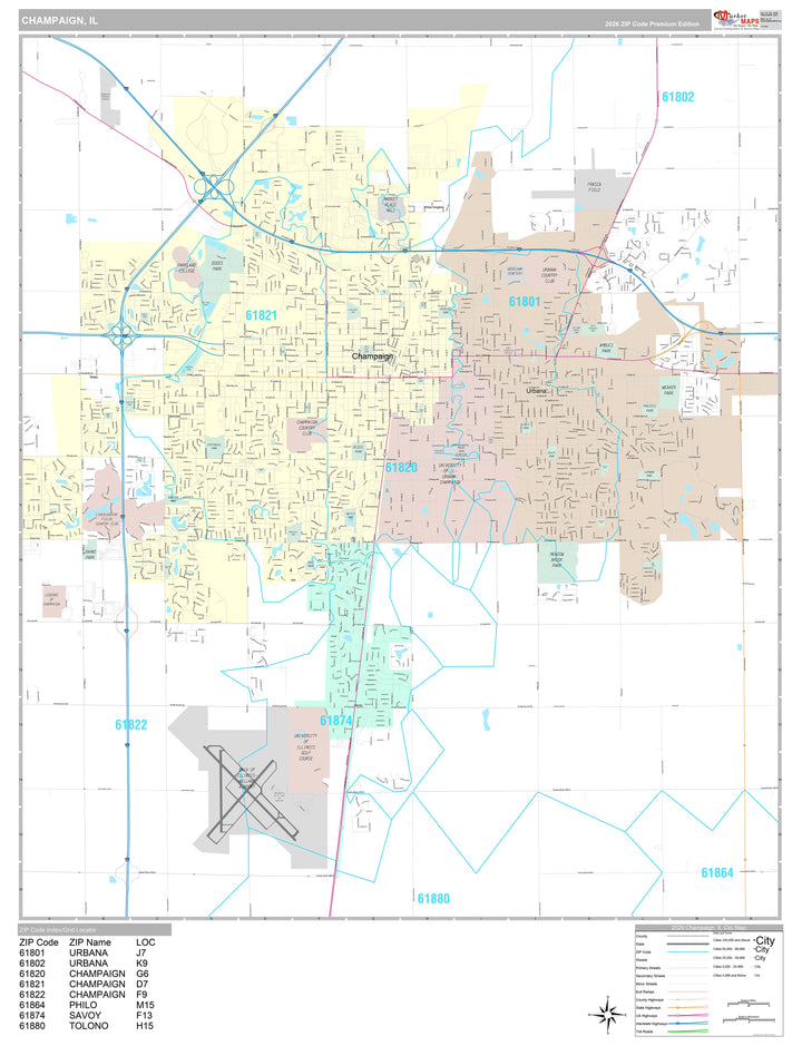 Premium Style Wall Map of Champaign, IL