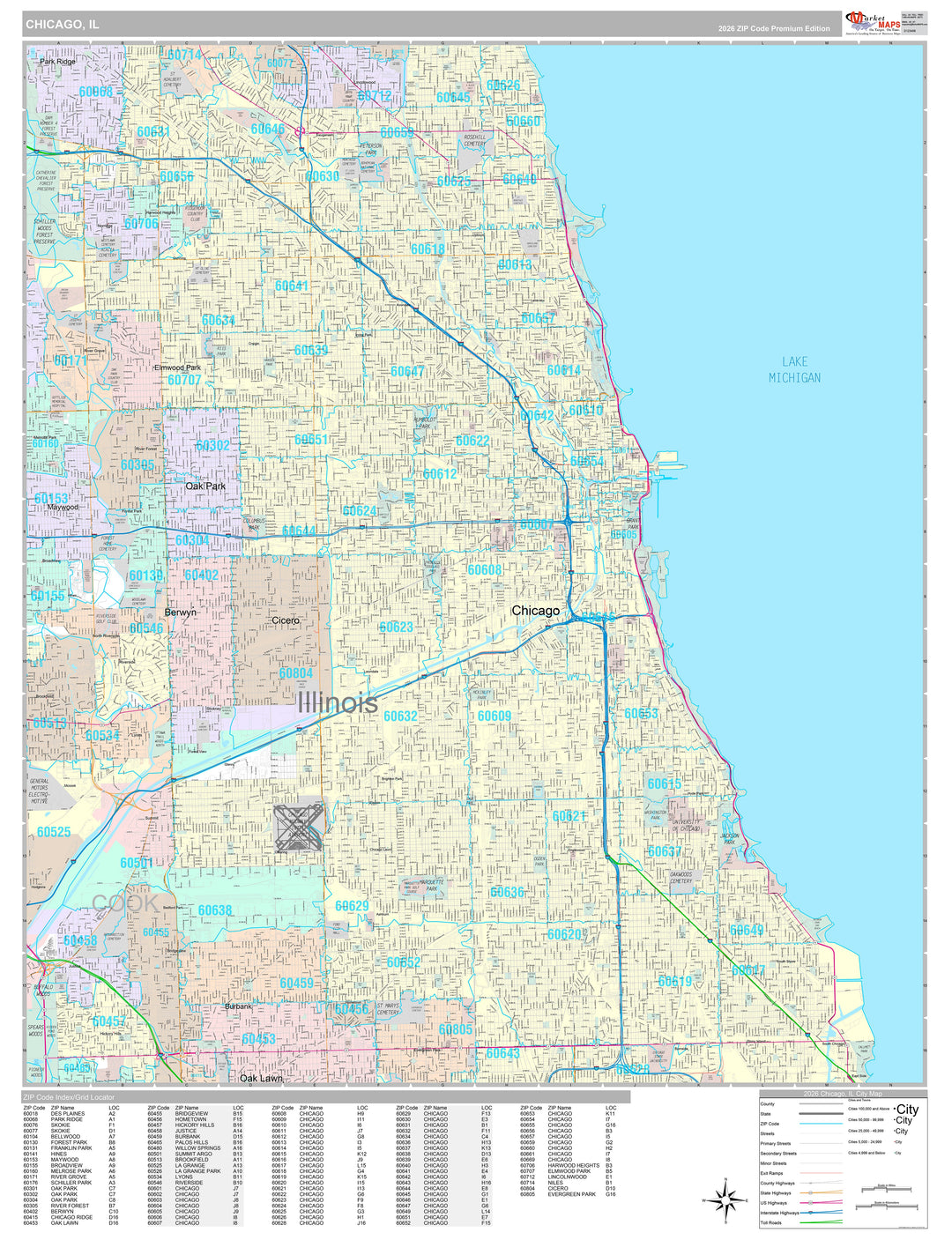 Premium Style Wall Map of Chicago IL