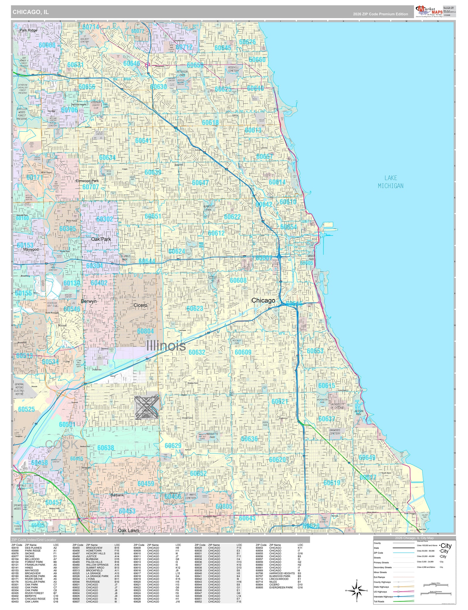 Premium Style Wall Map of Chicago IL
