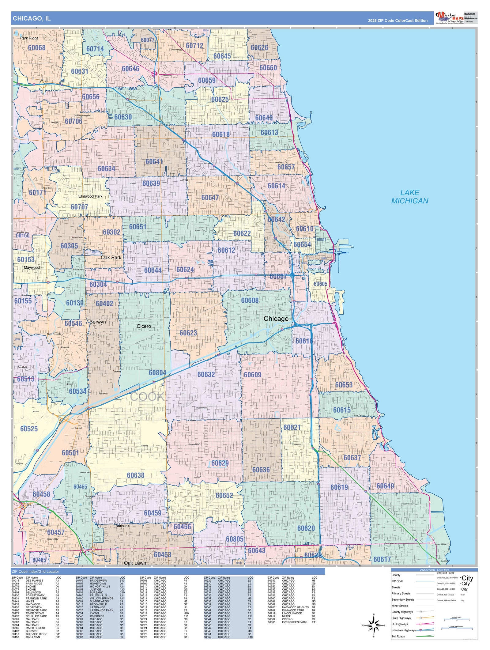 Color Cast Zip Code Style Wall Map of Chicago IL