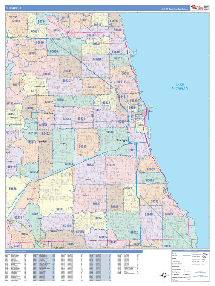 Color Cast Zip Code Style Wall Map of Chicago IL