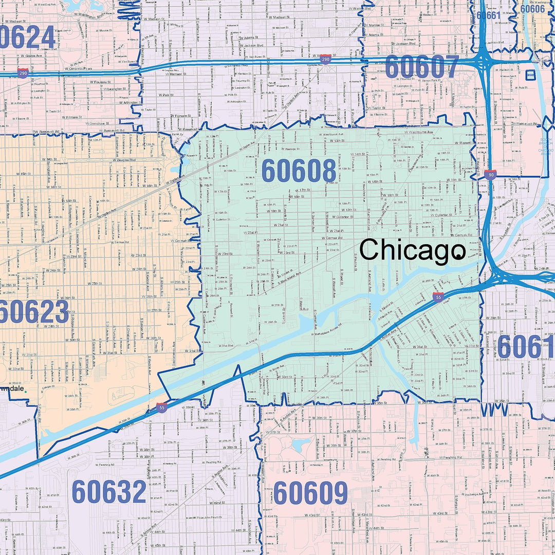 Color Cast Zip Code Style Wall Map of Chicago IL