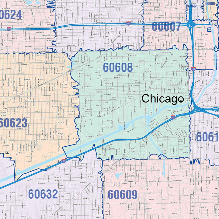 Color Cast Zip Code Style Wall Map of Chicago IL