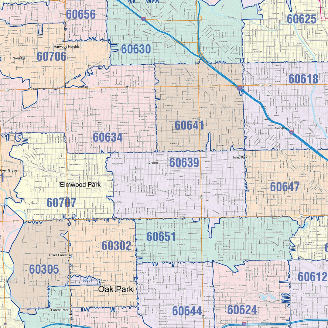 Color Cast Zip Code Style Wall Map of Chicago IL