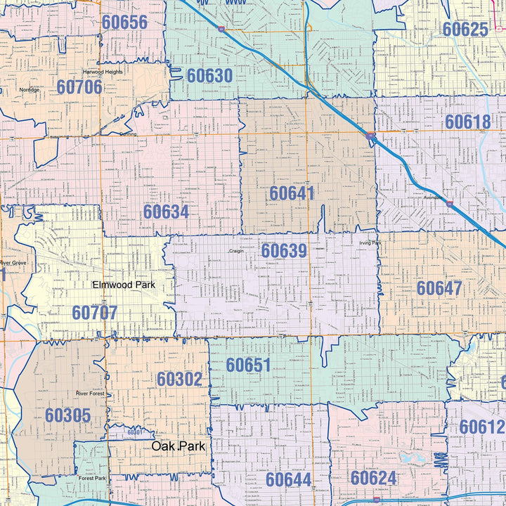 Color Cast Zip Code Style Wall Map of Chicago IL