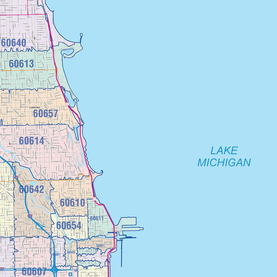 Color Cast Zip Code Style Wall Map of Chicago IL