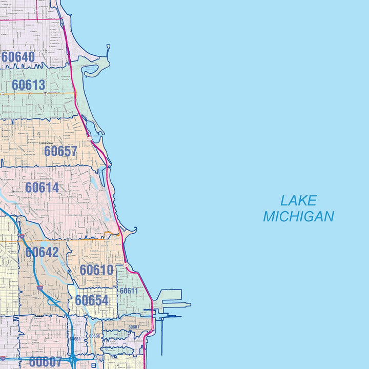 Color Cast Zip Code Style Wall Map of Chicago IL
