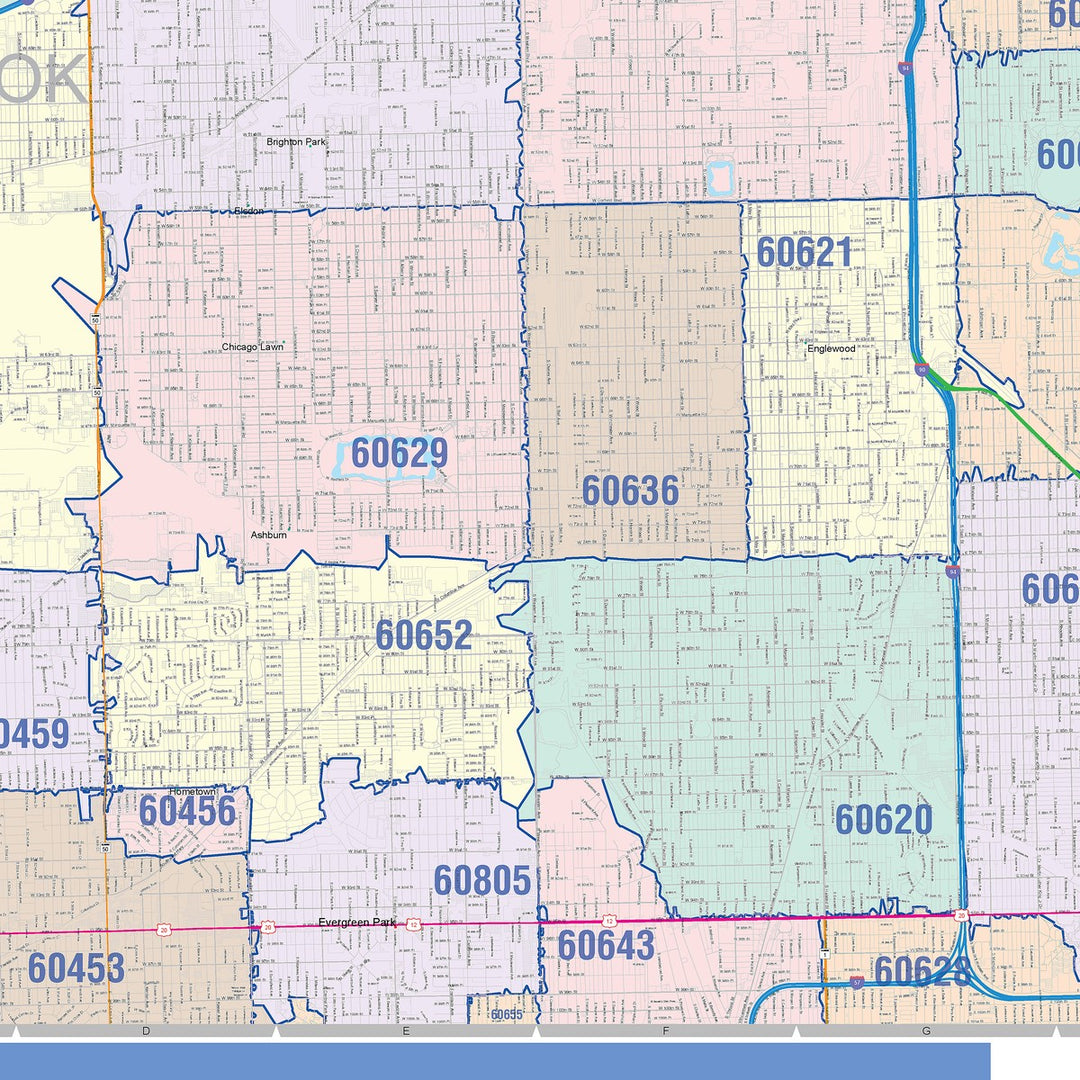 Color Cast Zip Code Style Wall Map of Chicago IL