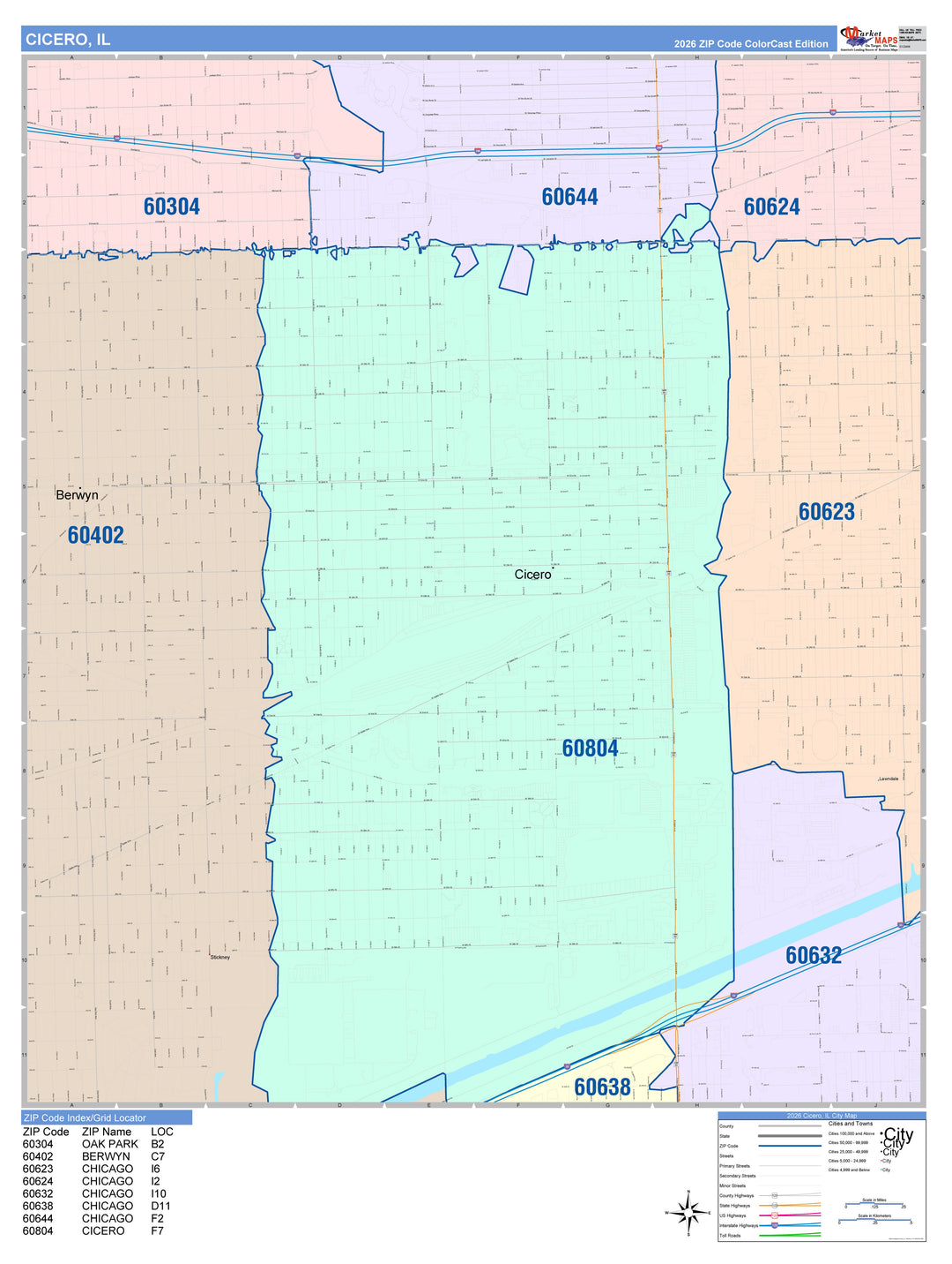 Color Cast Zip Code Style Wall Map of Cicero, IL