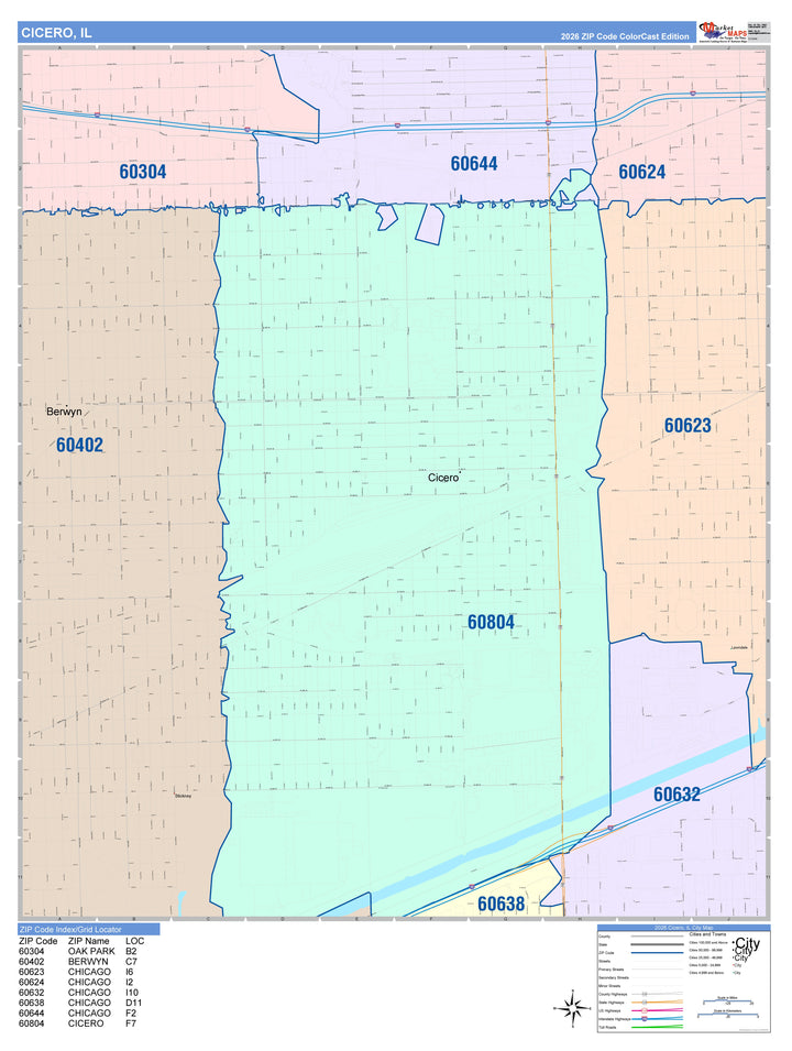 Color Cast Zip Code Style Wall Map of Cicero, IL