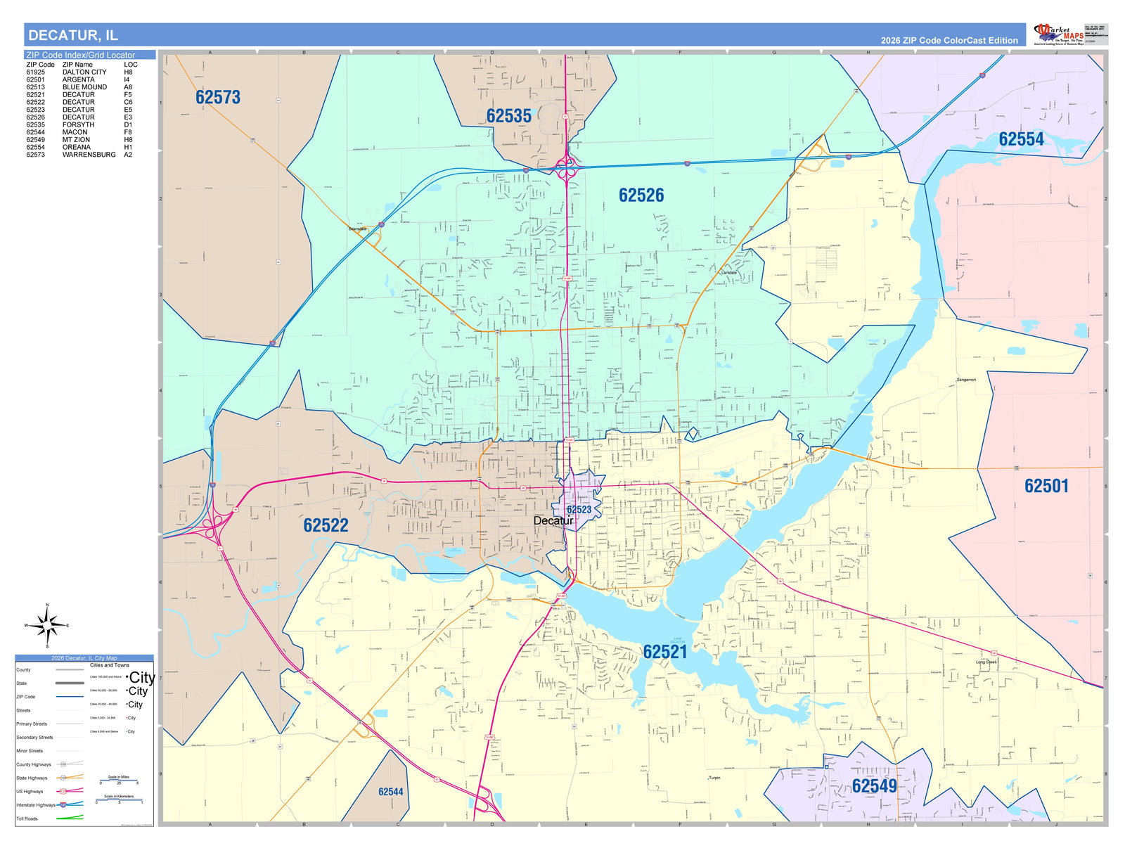 Color Cast Zip Code Style Wall Map of Decatur, IL