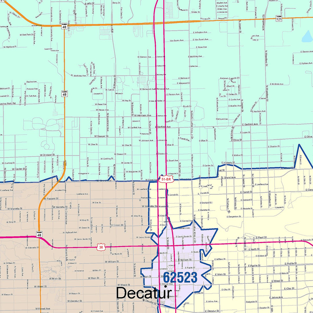 Color Cast Zip Code Style Wall Map of Decatur, IL