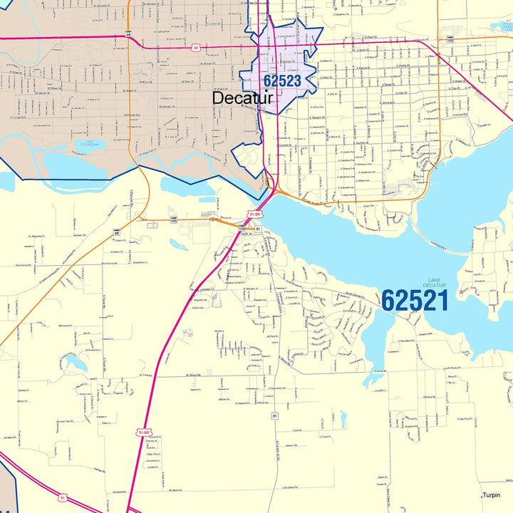 Color Cast Zip Code Style Wall Map of Decatur, IL