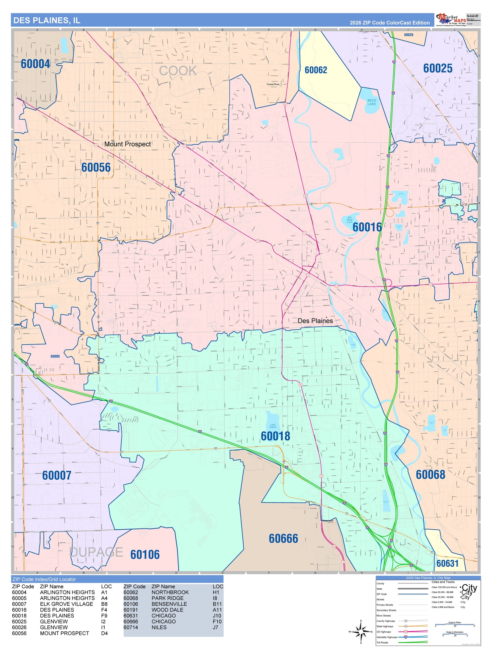 Color Cast Zip Code Style Wall Map of Des Plaines, IL