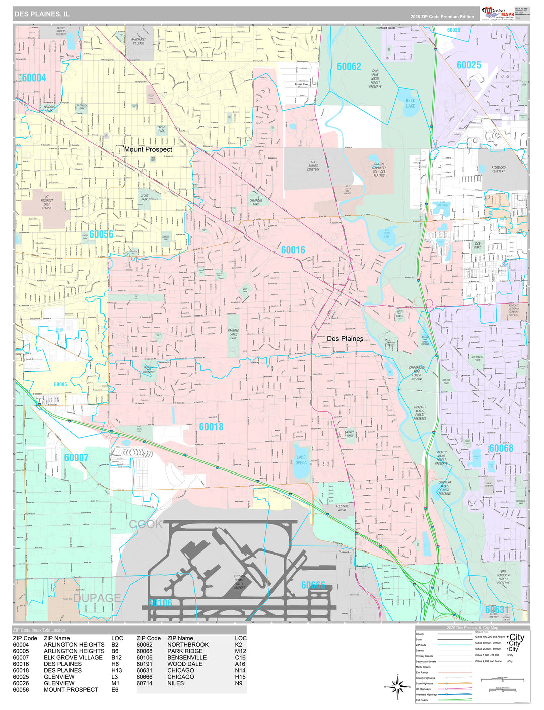 Premium Style Wall Map of Des Plaines, IL