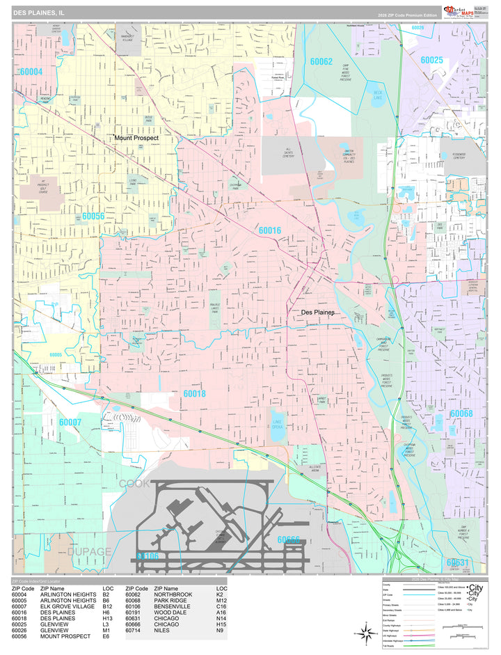 Premium Style Wall Map of Des Plaines, IL