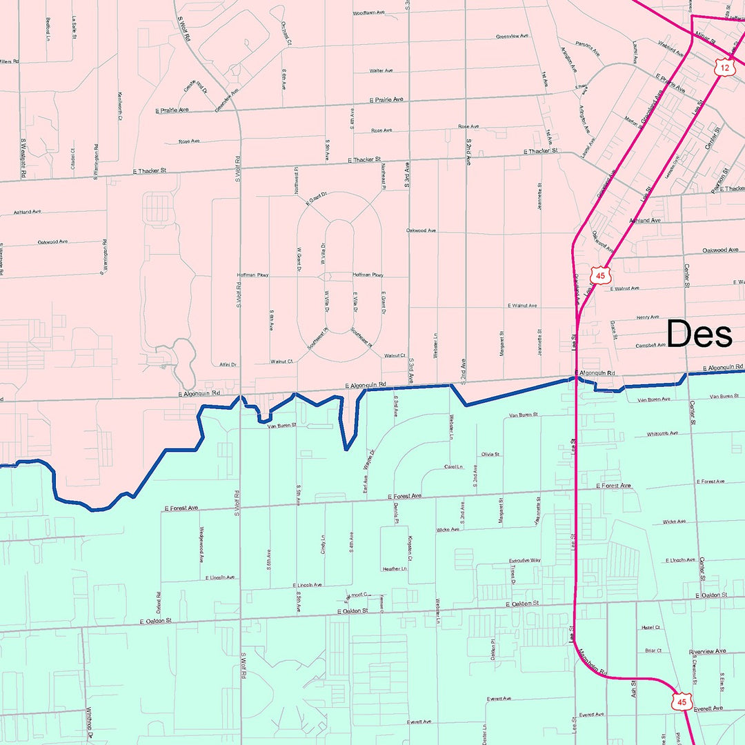 Color Cast Zip Code Style Wall Map of Des Plaines, IL