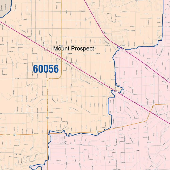 Color Cast Zip Code Style Wall Map of Des Plaines, IL