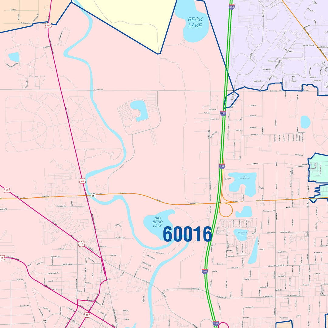 Color Cast Zip Code Style Wall Map of Des Plaines, IL