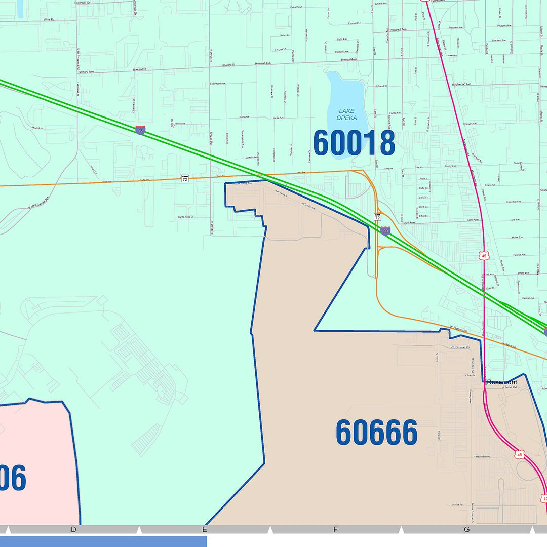 Color Cast Zip Code Style Wall Map of Des Plaines, IL