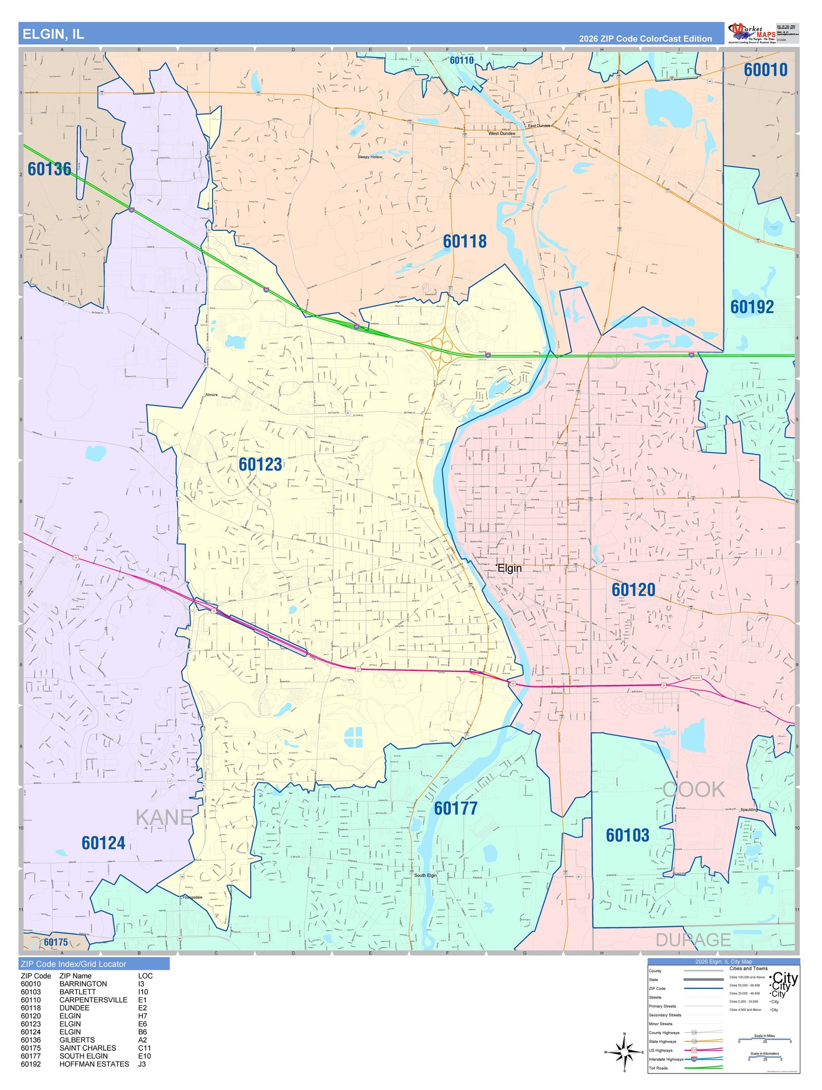 Color Cast Zip Code Style Wall Map of Elgin, IL