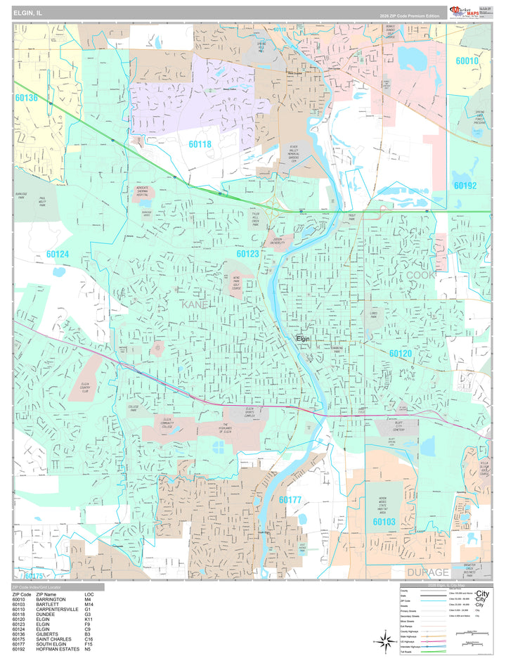Premium Style Wall Map of Elgin, IL