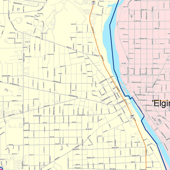 Color Cast Zip Code Style Wall Map of Elgin, IL